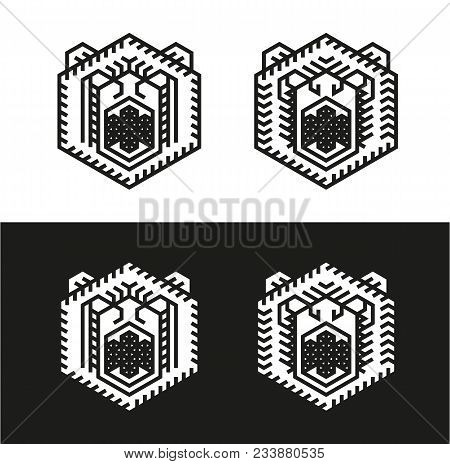 Vector Geometric Angry Growling Bear Head Sign. Black Lines Isolated On White. Bear Face Front With 