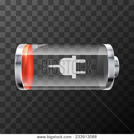 Low Level Bright Glossy Battery Icon With Charging Symbol On Transparent Background