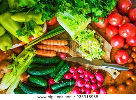 Food Background: Tomatoes, Carrots, Celery, Cucumbers, Onions, Cabbage, Radish, Parsley, Pepper