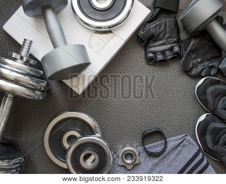 Sports Equipment, Background, Composition For The Text. 
Objects And Clothes Of An Athlete, Fitness 