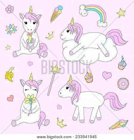 Set Of Cute Unicorn On Pink Background. A Collection Of Colorful Design Elements For A Little Girl. 