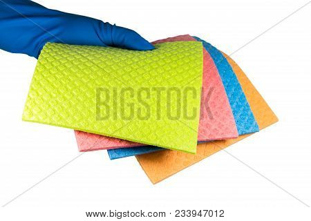 Cellulose Sponge Cloth In The Cleaner Blue Rubber Gloved Hand, Isolated On White Background.
