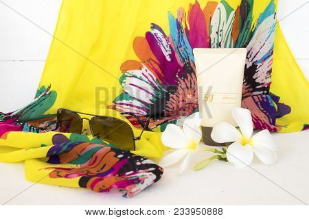 Natural Cosmetics For Skin Face Sunscreen Spf50 With Accessories For Lifestyle Woman On Summer Relax