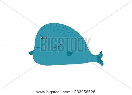 Blue Whale Illustration Isolated On White Background. Cute Ocean Creature, Comic Aquarium Animal, Ma