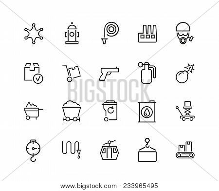 Heavy Work Icons. Set Of Twenty Line Icons. Miner, Sapper, Police. Heavy Work Concept. Vector Illust