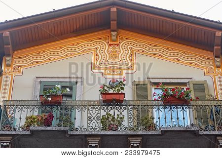 San Pellegrino Terme, Italy - August 18, 2017: Beautiful Modern Building With Balcony.