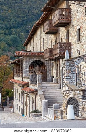 San Pellegrino Terme, Italy - August 18, 2017: Beautiful Modern Building With Balcony.