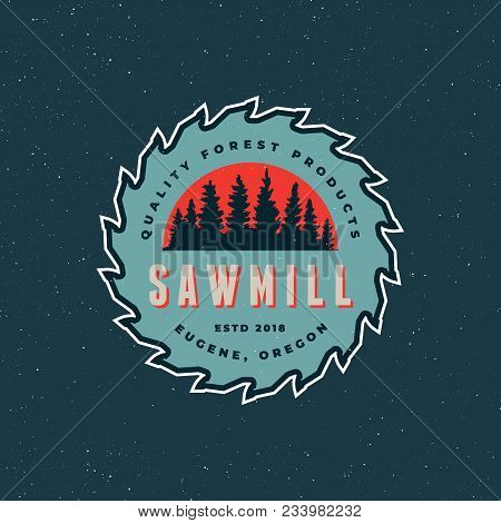 Sawmill Logo. Retro Styled Woodwork Emblem, Badge, Design Elements, Logotype Template. Vector Illust
