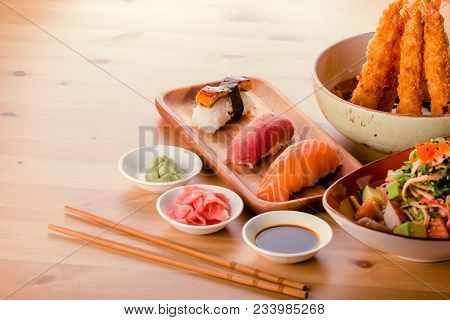 Japanese Food Combination, Sushi Nigiri, Gyoza, Crab Salad And Fried King Prawns