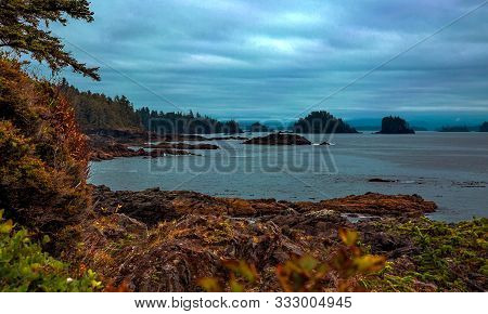 West Coast Vancouver Island Near Ucluelet, British Columbia Canada  Clouds, Rugged Shoreline At Wild