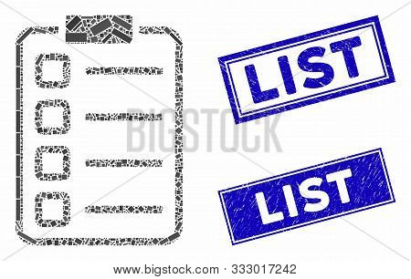 Mosaic Checklist Pad Icon And Rectangle Seal Stamps. Flat Vector Checklist Pad Mosaic Icon Of Random