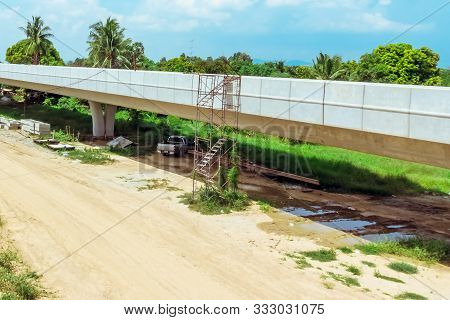 Unfinished Of Construction Of The Large Concrete Bridge Of The Motorway Elevation For The Developmen