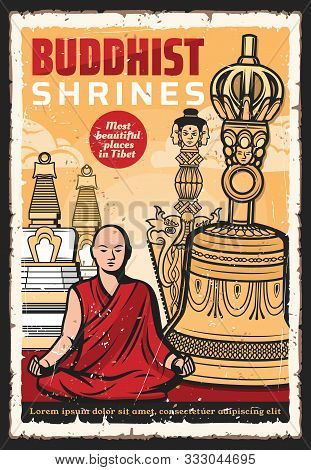 Buddhist With Buddhism Religion Meditation Items Vector Design. Tibetan Monk Meditating In Ancient T