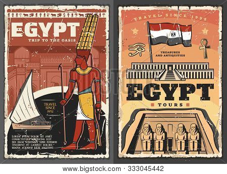 Egypt Tour Vector Design With Ancient Egyptian Travel Landmarks And Flag. Temples Of Pharaoh Ramesse
