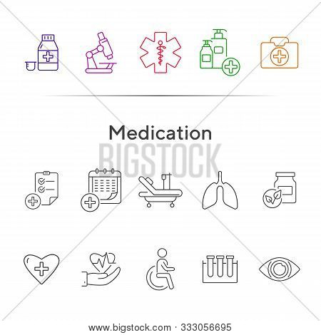Medication Icons. Set Of Line Icons. Medical Cross, Drug, First Aid Kit. Inpatient Examination Conce