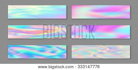 Holographic Fashionable Flyer Horizontal Fluid Gradient Unicorn Backgrounds Vector Set. Opalescence 