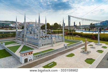Istanbul, Turkey - March 23, 2019: Miniaturk is a miniature park at the north-eastern shore of Golden Horn in Istanbul. The park contains 122 models. Panoramic view of Miniaturk