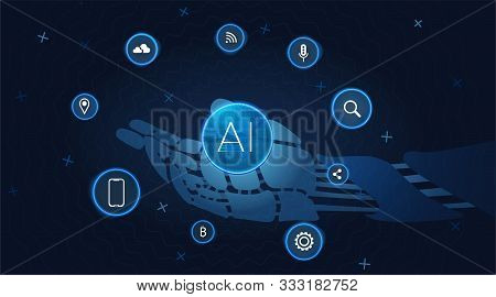 Artificial Intelligence Technology. Robotic Hand On Concept Background. Digital Neuron Data Structur