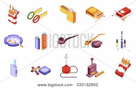 Smoking Icons Set With Cigarette Cigar Hookah Pipe Lighter Ash Tray Isolated On White Background 3d 