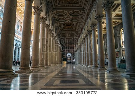 Rome, Italy - October 2019 : Inside Old Beautiful Basilica Di San Paolo Fuori Le Mura Rome, Italy.