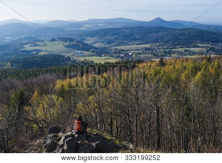 Young Woman Hiker Takeing Pictutre Of Luzicke Hory Panorama From Hochwald Hvozd View-point Of The Lu