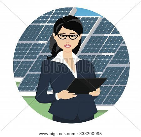 Engeneer With Tablet Computer On A Background Of Solar Energy Power Station.