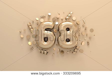 Golden 3d Number 68 With Festive Confetti And Spiral Ribbons. Poster Template For Celebrating 68 Ani