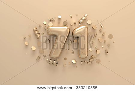 Golden 3d Number 71 With Festive Confetti And Spiral Ribbons. Poster Template For Celebrating 71 Ani