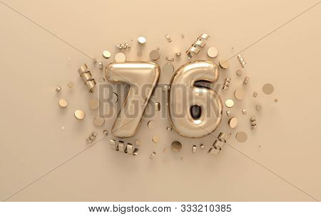 Golden 3d Number 76 With Festive Confetti And Spiral Ribbons. Poster Template For Celebrating 76 Ani
