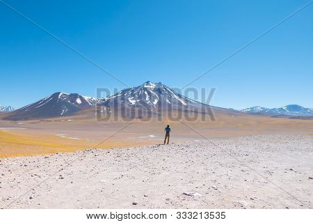 Cile Atacama Desert And Volcanoes Hiker In Contemplation