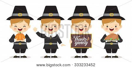 Set Of Cartoon Cute Pilgrim Boy With Pumpkin, Roasted Turkey & Thanksgiving Sign Isolated On White B