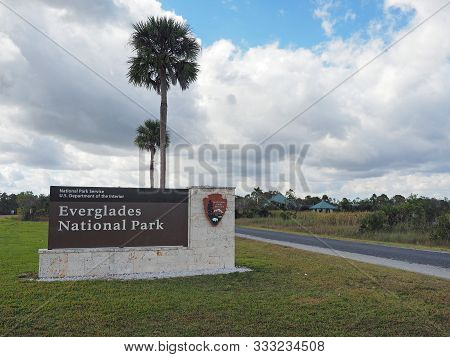 Everglades National Park, Florida - January 3, 2019: National Park Service Sign At Entrance To Park 