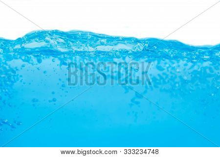 Water Splash And Air Bubbles Isolated Over White Background. Blue Water Wave Hydrate Abstract Art An