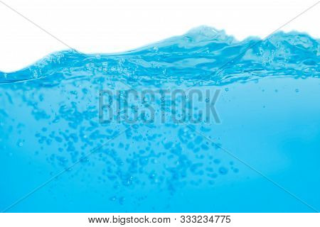Water Splash And Air Bubbles Isolated Over White Background. Blue Water Wave Hydrate Abstract Art An