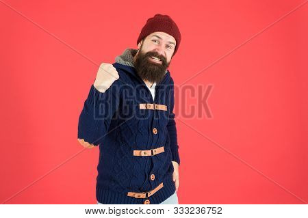 Yes I Can. Man Bearded Hipster Stylish Fashionable Jumper And Hat. Emotional Expression. Casual Clot