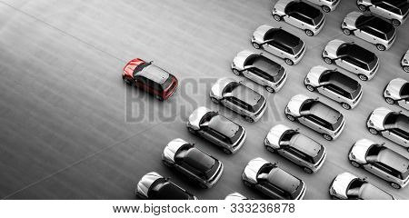 Small city cars fleet. A red car in front. Choosing new car concept. 3D illustration