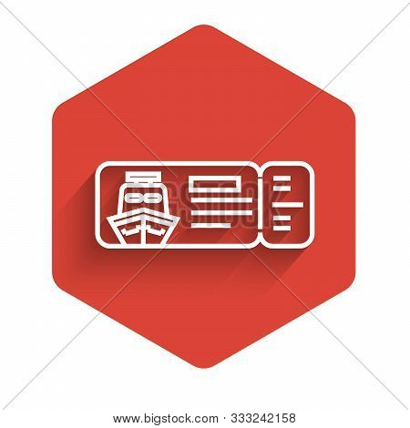 White Line Cruise Ticket For Traveling By Ship Icon Isolated With Long Shadow. Travel By Cruise Line