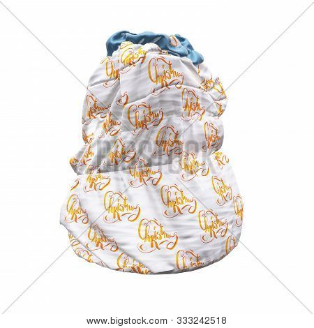 Santa Clauss Bag Or Sack With Christmas Word Lettering Made By Watercolor , Full Of Gifts, On White 