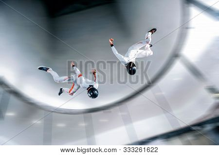 Adventure Fly. Indoor Sky Diving. Action Fly Sport In Wind Tunnel