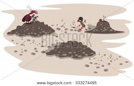 A Striped Angry Cockroach Attacks Small Ants In An Anthill. Cartoon Illustration.