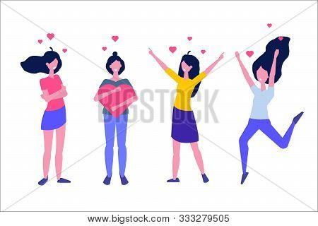 Love Yourself Girls. Narcissistic, Self-confident Flat Style Concept. Vector Characters Illustration