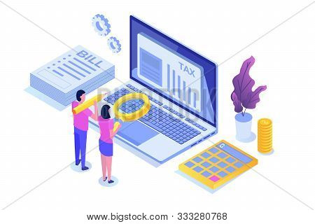 Pay Tax Online Isometric Concept. Accountant Workspace Elements. Vectorr Illustration