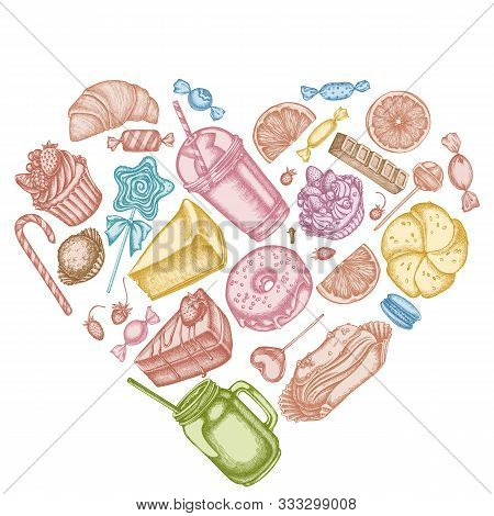 Heart Design With Pastel Cinnamon, Macaron, Lollipop, Bar, Candies, Oranges, Buns And Bread, Croissa