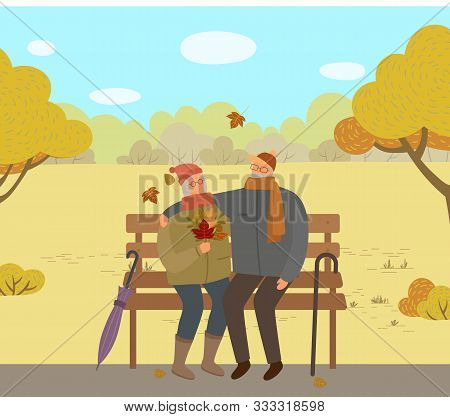 Old Couple Sitting On Wooden Bench In Autumn Park Illustration. Grandfather And Grandmother Walking 