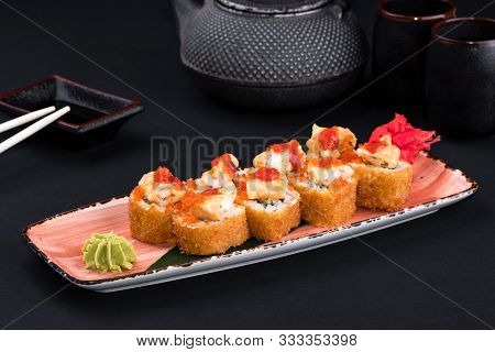 Close Up Of Assorted Baked Sushi Set With Salmon, Shrimp, Caviar, Mussels, Tuna, Cream Cheese And Ho