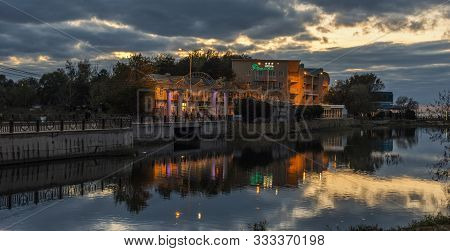 Anapa, Russia, September. 10, 2019. Hotel Fotini In Evening. Sunset Over The Beach, The River Anapka