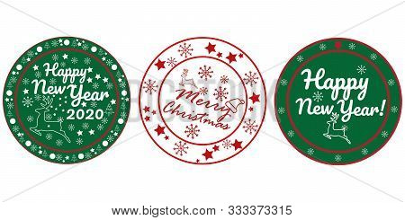 Set Of Merry Christmas And Happy New Year Circle Badges, Stamps Or Labels With Text Inscription. Col