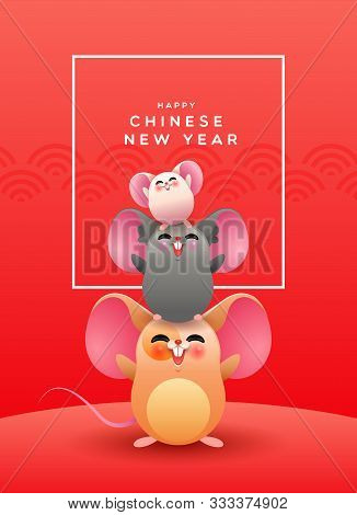 Happy Chinese New Year Of The Rat 2020 Greeting Card Illustration. Funny Mouse Cartoon Friends Or Cu