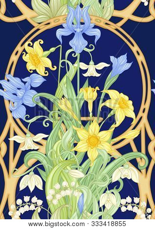 Spring Flowers Seamless Pattern, Background. Colored Vector Illustration. In Art Nouveau Style, Vint
