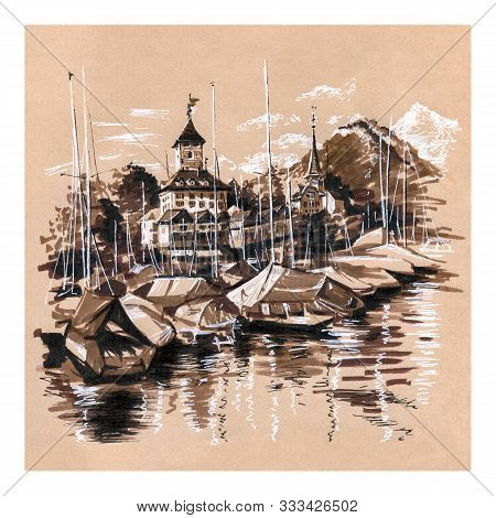 Spiez Church And Castle On Lake Thun With Yachts In The Swiss Canton Of Bern, Spiez, Switzerland. Pi